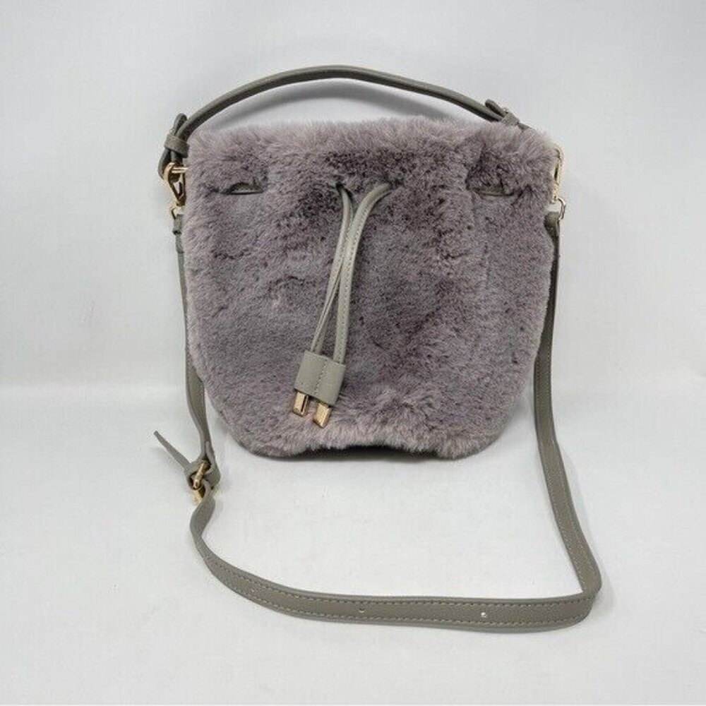 Street Level Plush Faux Fur Grey Bucket Bag Small Crossbody Bag - Picture 2 of 11
